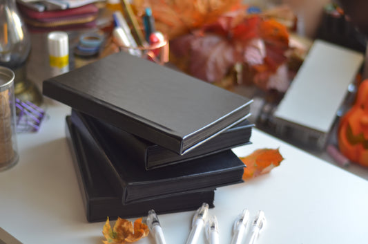Close-up of hardcover edge with black textured cove