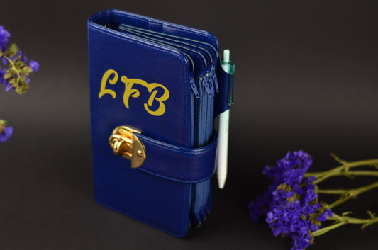 Blue personalized budget planner with cash envelopes