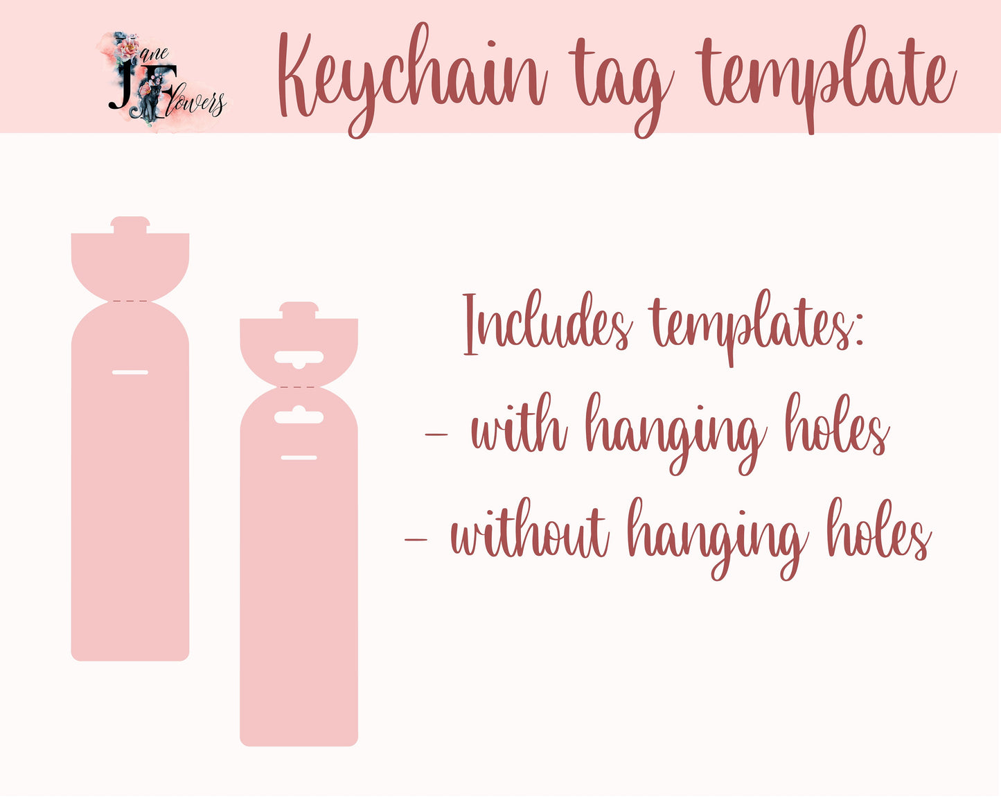 White cardstock display showing keychain and name badge designs