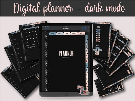 Undated dark mode digital planner cover on iPad