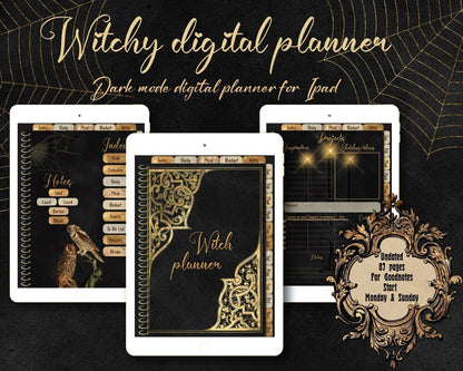 Dark-mode iPad showing witchy weekly planner cover with celestial design