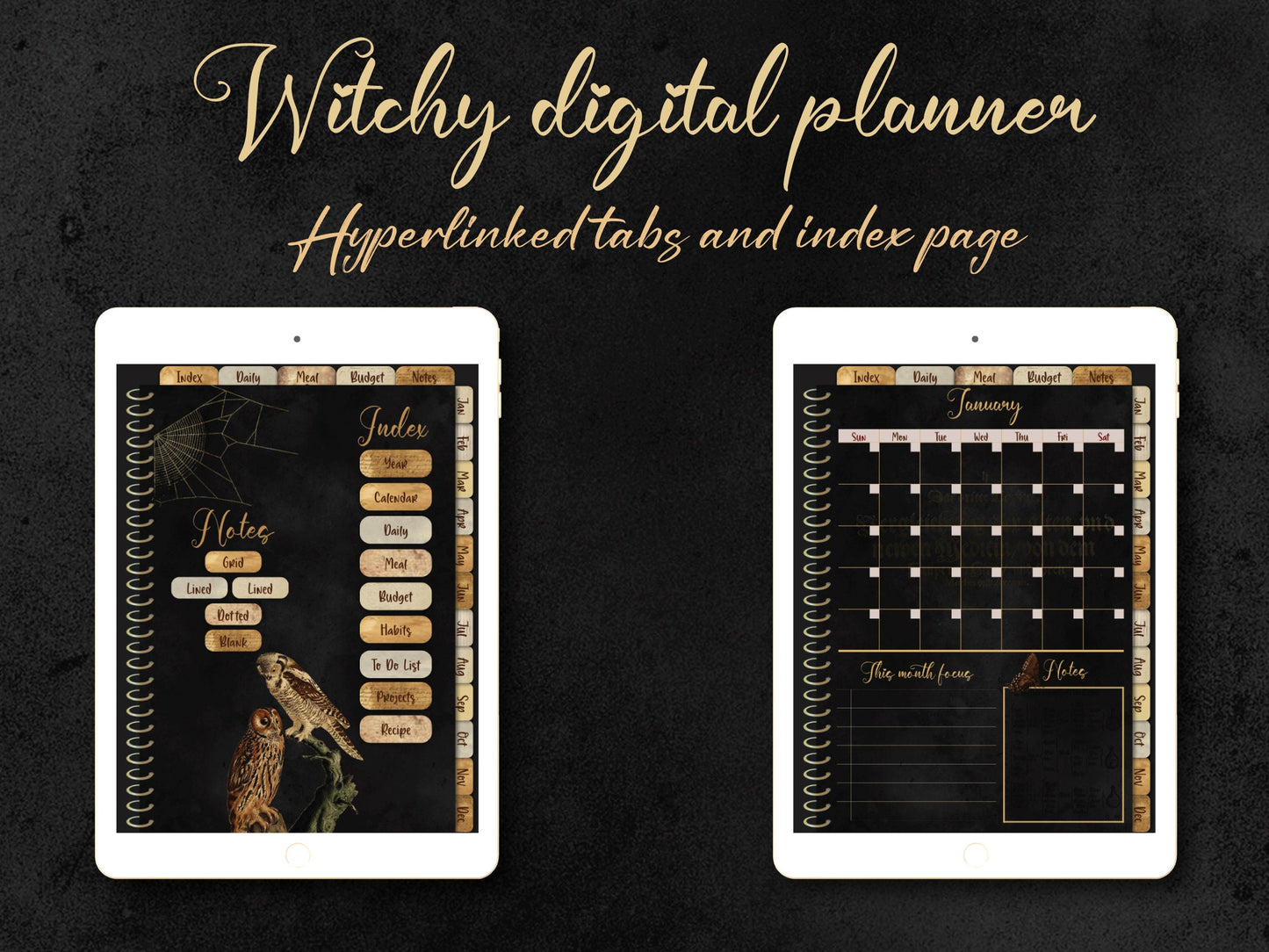 Undated weekly spread in black-background digital planner with moon and stars illustrations