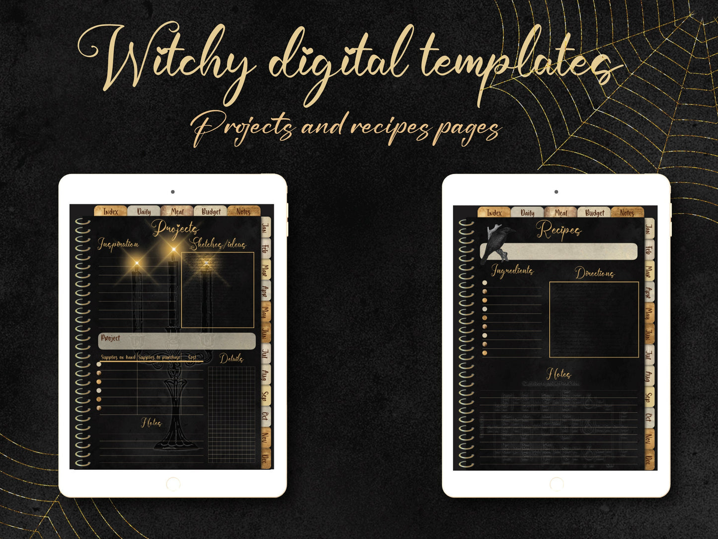 iPad mockup displaying hyperlinked planner pages with witch aesthetic