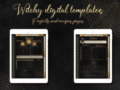 iPad mockup displaying hyperlinked planner pages with witch aesthetic