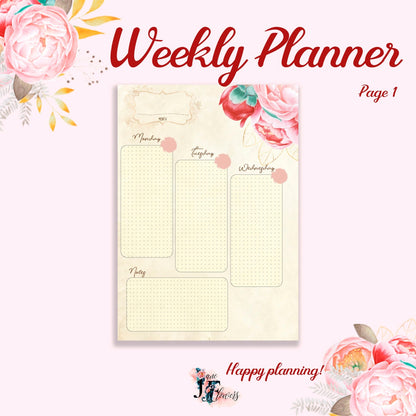 Printable planner pages, 2022 weekly planner on two pages, A5 planner pages, weekly schedule A4 / A5 / Letter size, weekly planner inserts