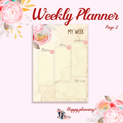 Printable planner pages, 2022 weekly planner on two pages, A5 planner pages, weekly schedule A4 / A5 / Letter size, weekly planner inserts