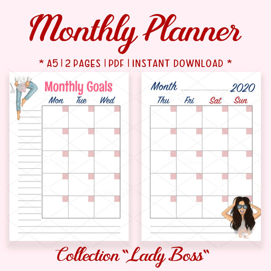 A5 Monthly Planner on 2 pages, Printable Monthly planner, Lady Boss Planner, Planner Insert, Journal