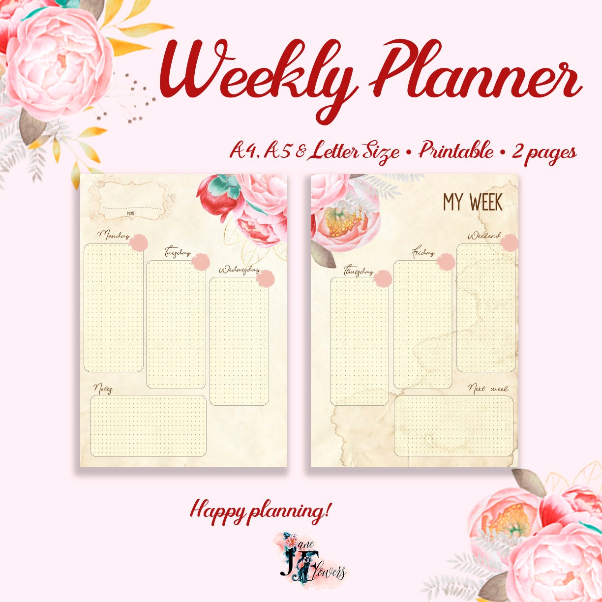 Printable planner pages, 2022 weekly planner on two pages, A5 planner pages, weekly schedule A4 / A5 / Letter size, weekly planner inserts