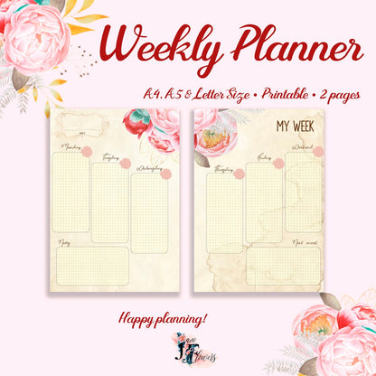 Printable planner pages, 2022 weekly planner on two pages, A5 planner pages, weekly schedule A4 / A5 / Letter size, weekly planner inserts