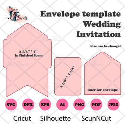 Wedding envelope template svg, invitation envelope liner SVG, Cricut envelope and liner template DXF EPS cute A7 envelope with liner