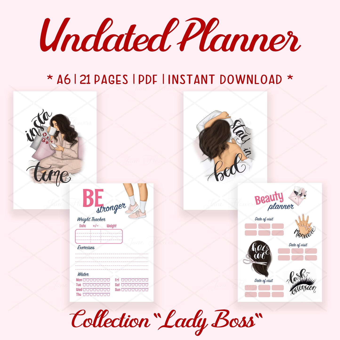 Cute printable planner pages A6, week start Sunday, goodnotes journal, daily planner insert, Lady boss planner bundle