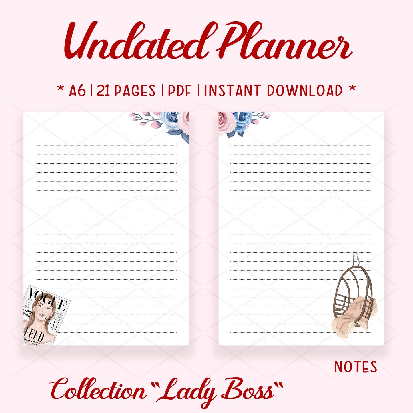 Cute printable planner pages A6, week start Sunday, goodnotes journal, daily planner insert, Lady boss planner bundle