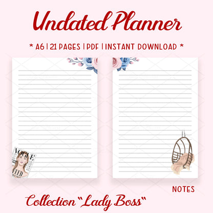 Cute printable planner pages A6, week start Sunday, goodnotes journal, daily planner insert, Lady boss planner bundle