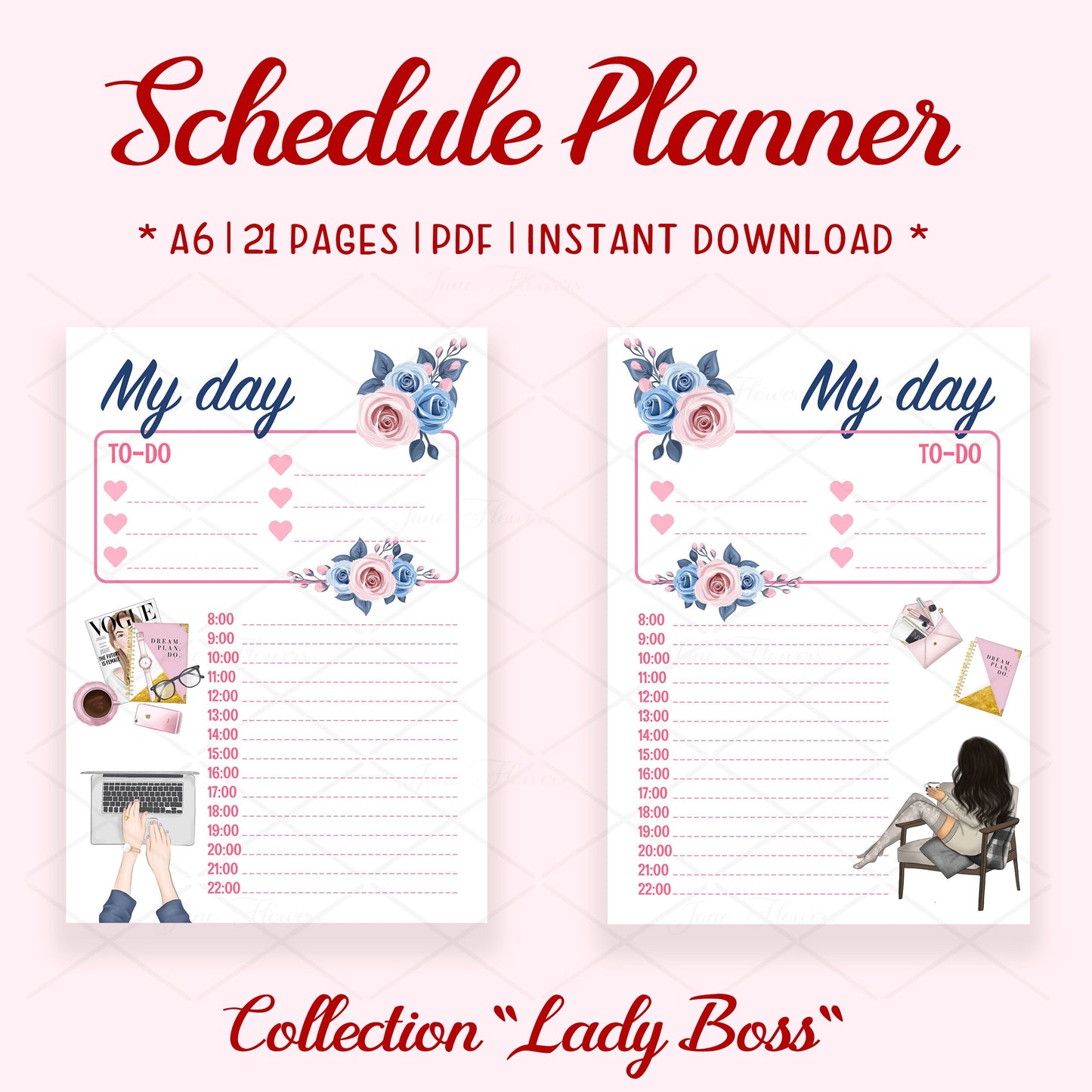 Cute printable planner pages A6, week start Sunday, goodnotes journal, daily planner insert, Lady boss planner bundle