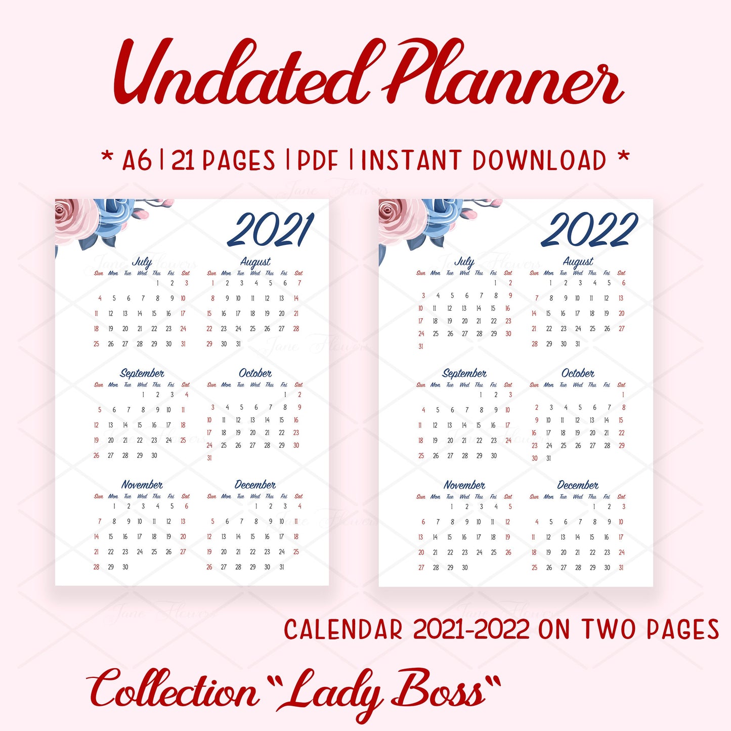 Cute printable planner pages A6, week start Sunday, goodnotes journal, daily planner insert, Lady boss planner bundle