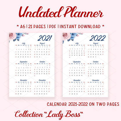 Cute printable planner pages A6, week start Sunday, goodnotes journal, daily planner insert, Lady boss planner bundle