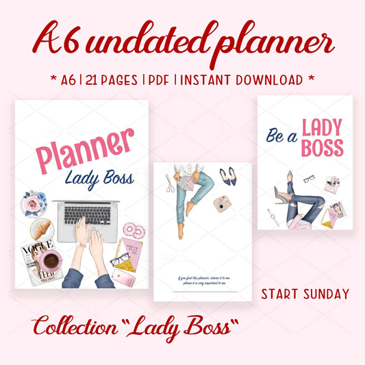 Cute printable planner pages A6, week start Sunday, goodnotes journal, daily planner insert, Lady boss planner bundle