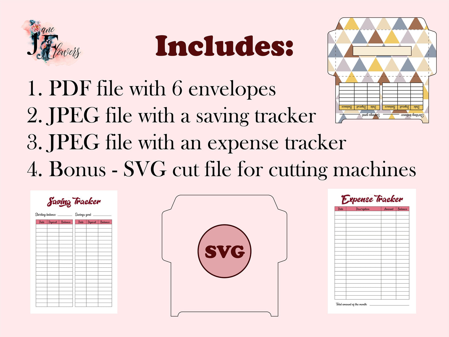 Printable cash envelopes with budget tracker, budget envelopes, money envelopes A6 PDF, horizontal cash envelope template + SVG for cricut