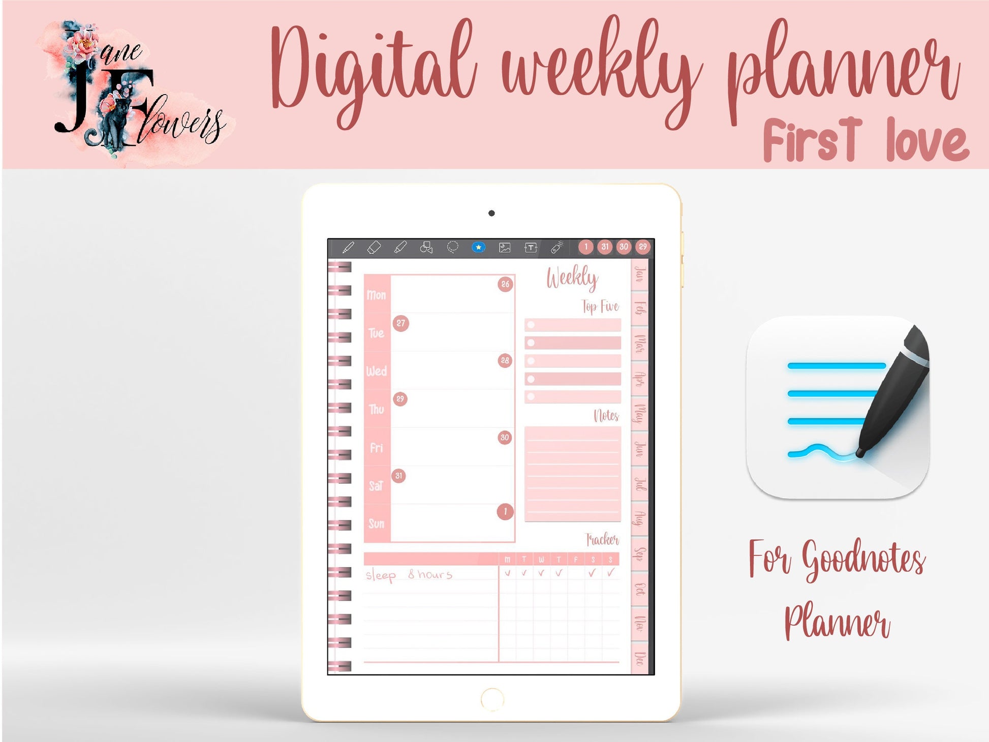 Undated digital planner , cute goodnotes planner, pink life planner, weekly planner, iPad planner, monthly planner, pink planner hyperlinked