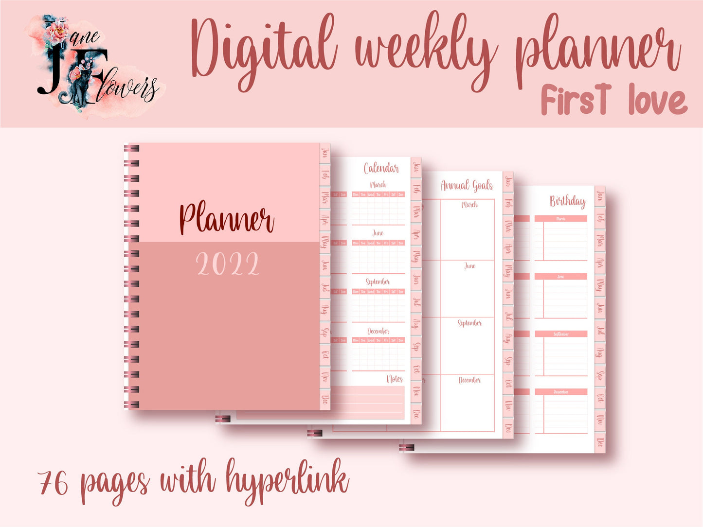 Undated digital planner , cute goodnotes planner, pink life planner, weekly planner, iPad planner, monthly planner, pink planner hyperlinked