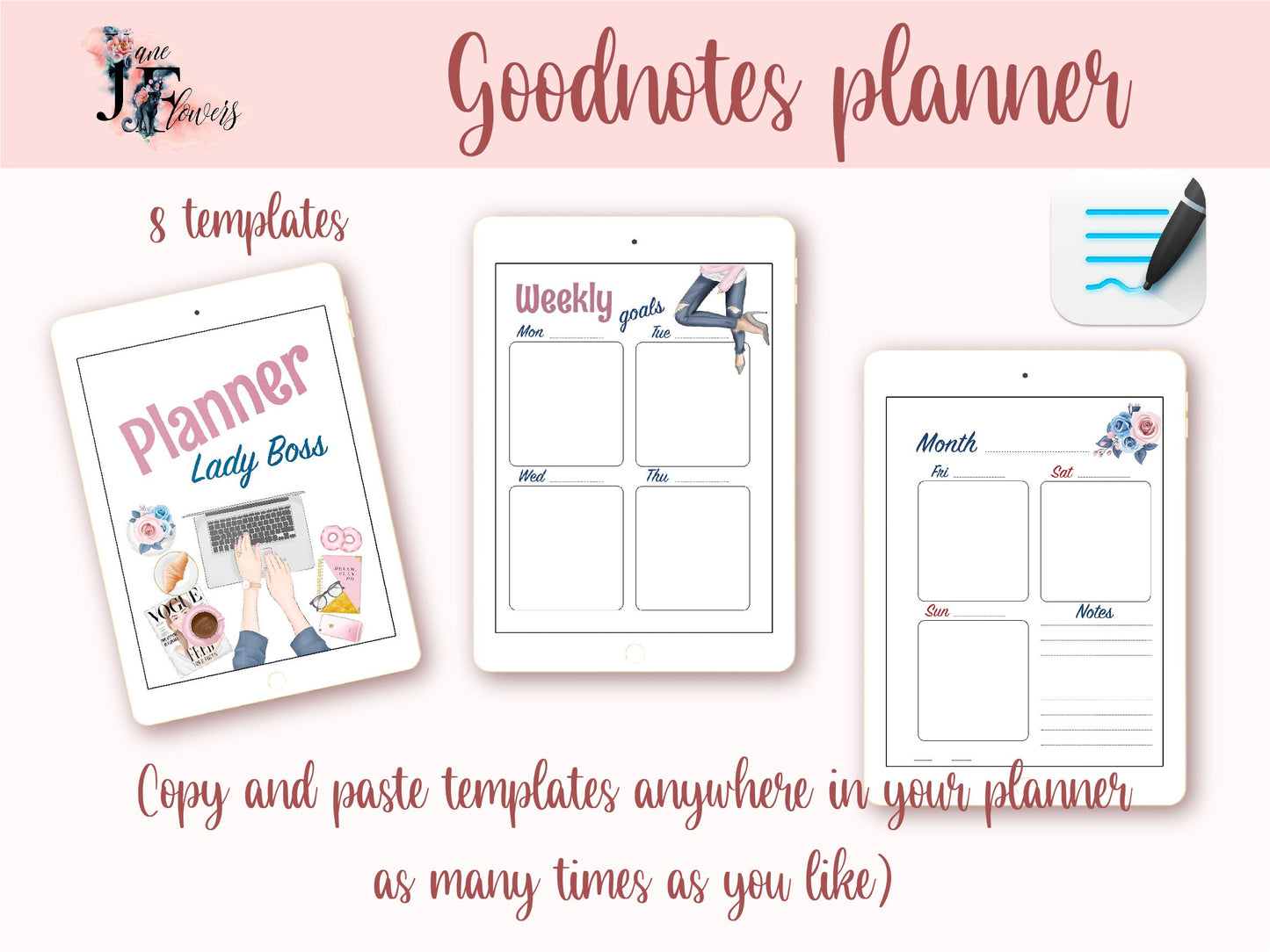 Weekly digital planner agenda, undated weekly inserts A6, A5 printable planner PDF, goodnotes templates for iPad, week on two pages