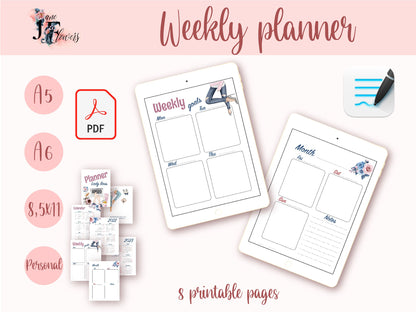 Weekly digital planner agenda, undated weekly inserts A6, A5 printable planner PDF, goodnotes templates for iPad, week on two pages