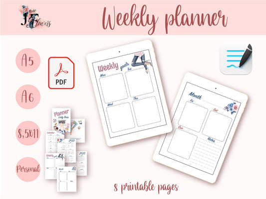 Weekly digital planner agenda, undated weekly inserts A6, A5 printable planner PDF, goodnotes templates for iPad, week on two pages