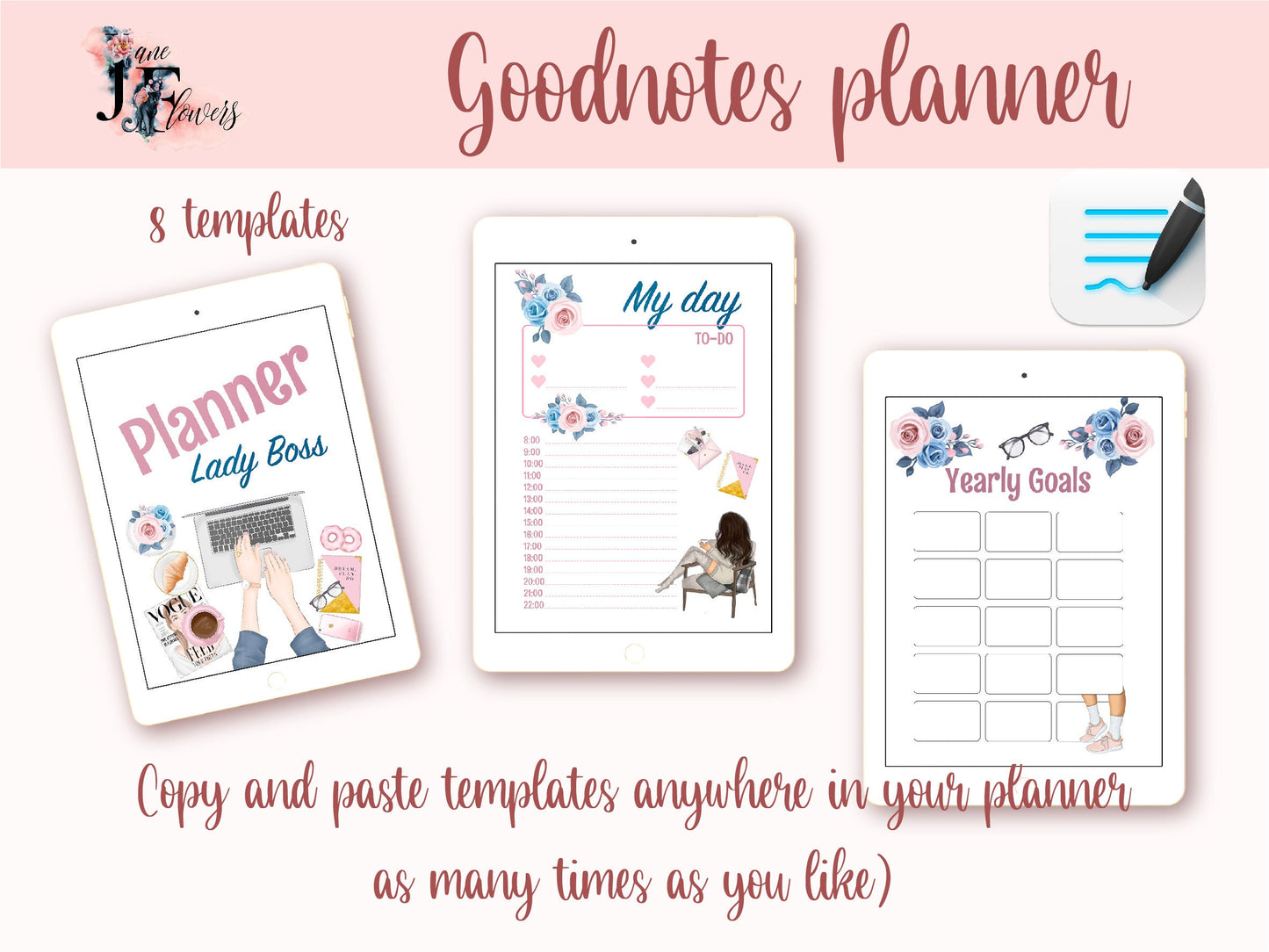 Undated life planner printable inserts with year at a glance, monthly planner, weekly schedule, daily hourly layout, goodnotes templates