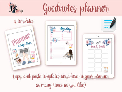 Undated life planner printable inserts with year at a glance, monthly planner, weekly schedule, daily hourly layout, goodnotes templates