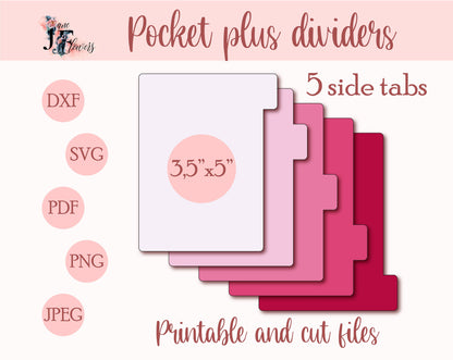 5 side tabs for pocket plus dividers templates SVG, planner tabs printable PDF, downloadable planner dividers pages, divider with tabs