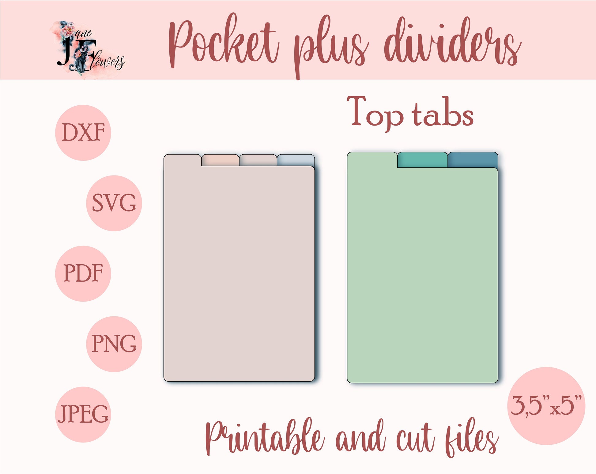 Top tab dividers for pocket plus planner size, tabbed dividers templates SVG, planner tabs printable, downloadable dividers pages with tabs