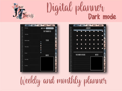 Undated dark mode hyperlinked digital planner, vertical goodnotes planner, weekly iPad planner, monthly planner, black paper bujo journal