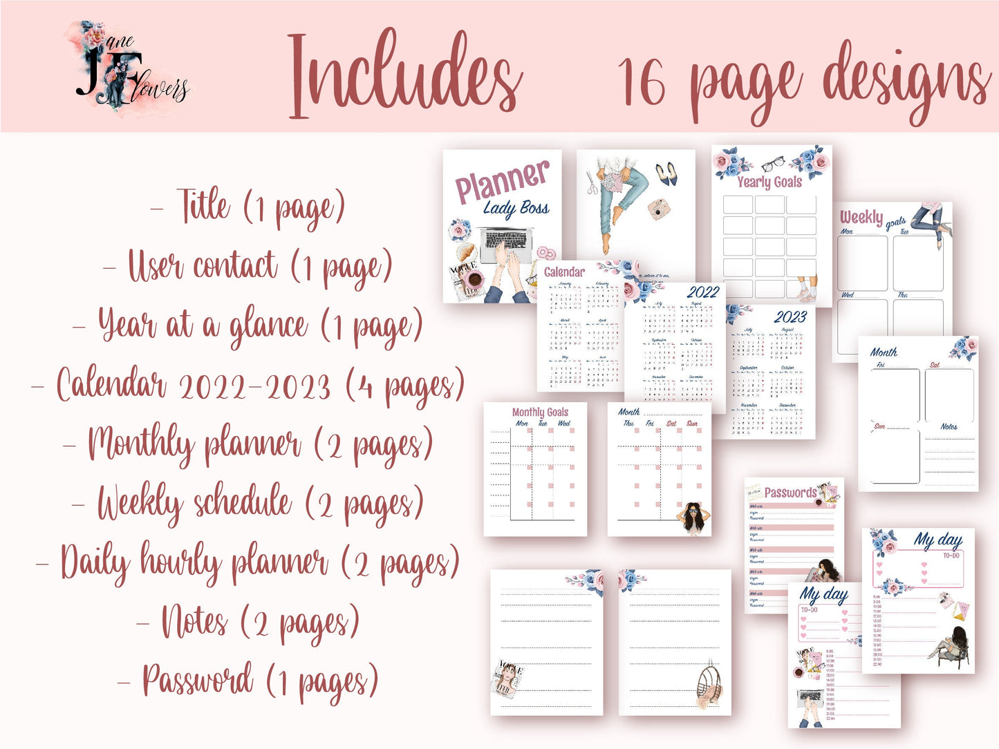 Undated life planner printable inserts with year at a glance, monthly planner, weekly schedule, daily hourly layout, goodnotes templates