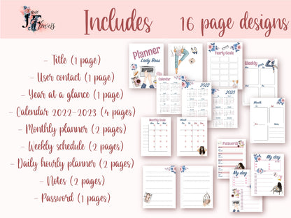 Undated life planner printable inserts with year at a glance, monthly planner, weekly schedule, daily hourly layout, goodnotes templates