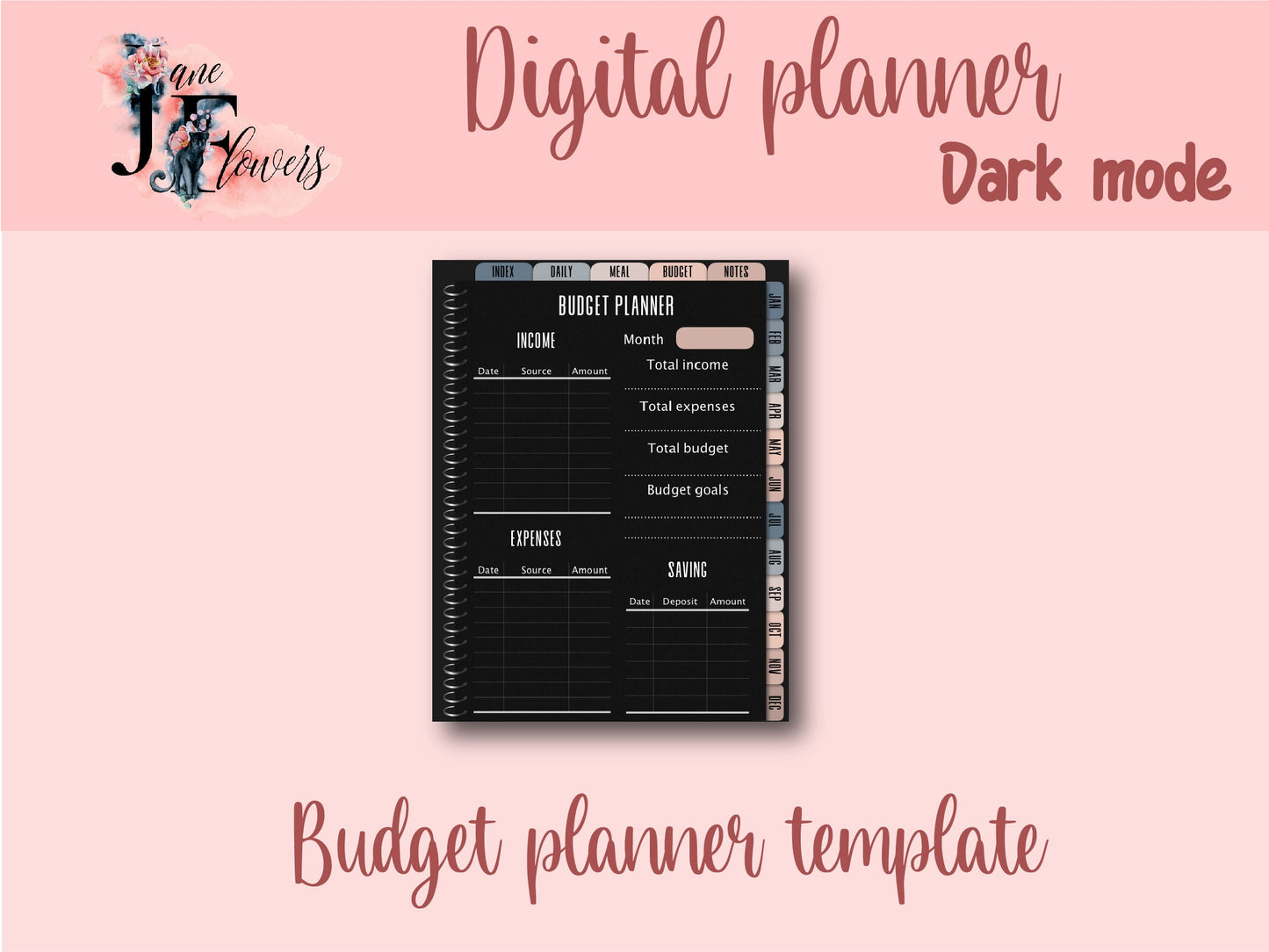 Undated dark mode hyperlinked digital planner, vertical goodnotes planner, weekly iPad planner, monthly planner, black paper bujo journal