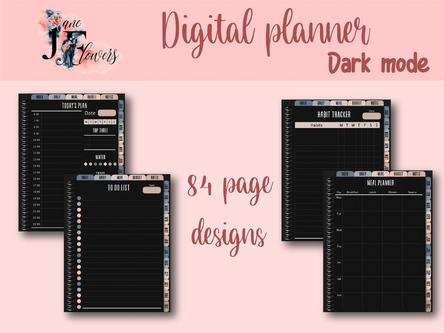 Undated dark mode hyperlinked digital planner, vertical goodnotes planner, weekly iPad planner, monthly planner, black paper bujo journal