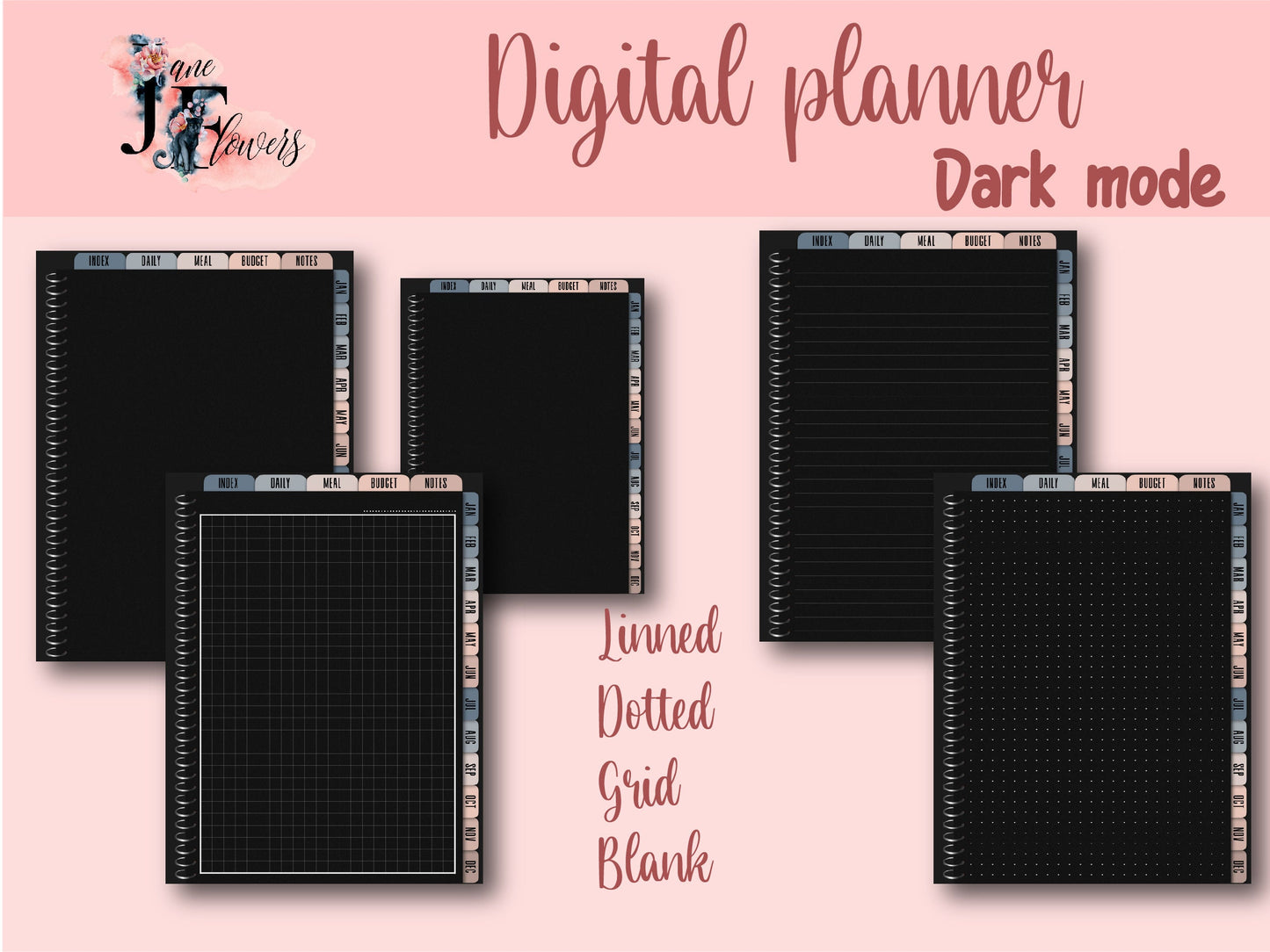 Undated dark mode hyperlinked digital planner start Sunday, vertical goodnotes planner, weekly iPad monthly planner, black page life planner