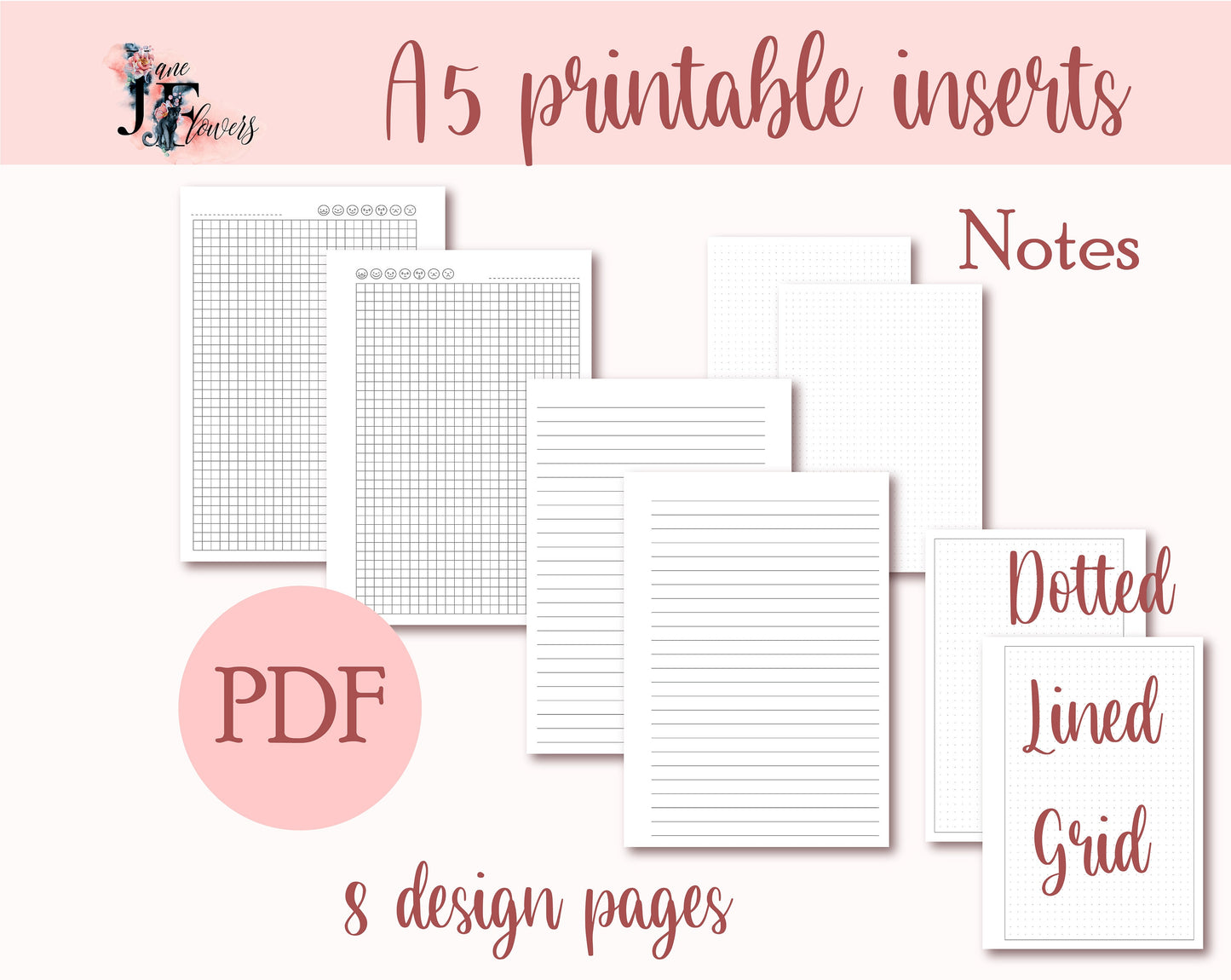 A5 minimalist planner notes pages printable PDF | lined, grid, dotted notes page | 6 ring planner inserts | A5 notes templates | printables