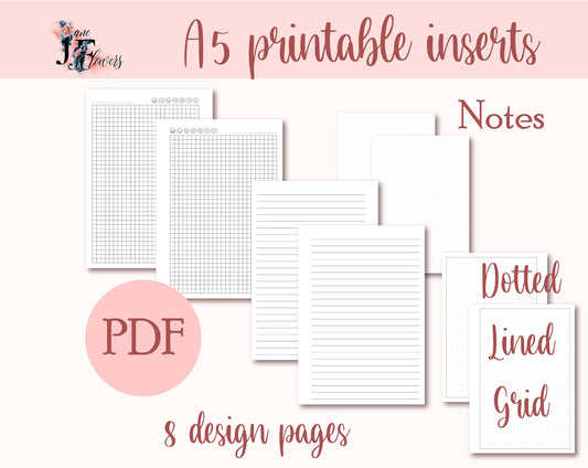 A5 minimalist planner notes pages printable PDF | lined, grid, dotted notes page | 6 ring planner inserts | A5 notes templates | printables