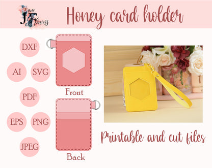 Honey business card holder, slim purse, leather wallet template, DIY vertical ID badge holder pattern, cute keychain wallet SVG for Cricut