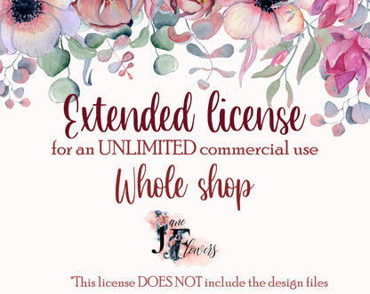 Whole shop unlimited commercial license, extended license - applies to ALL store items, one time payment for your handmade products