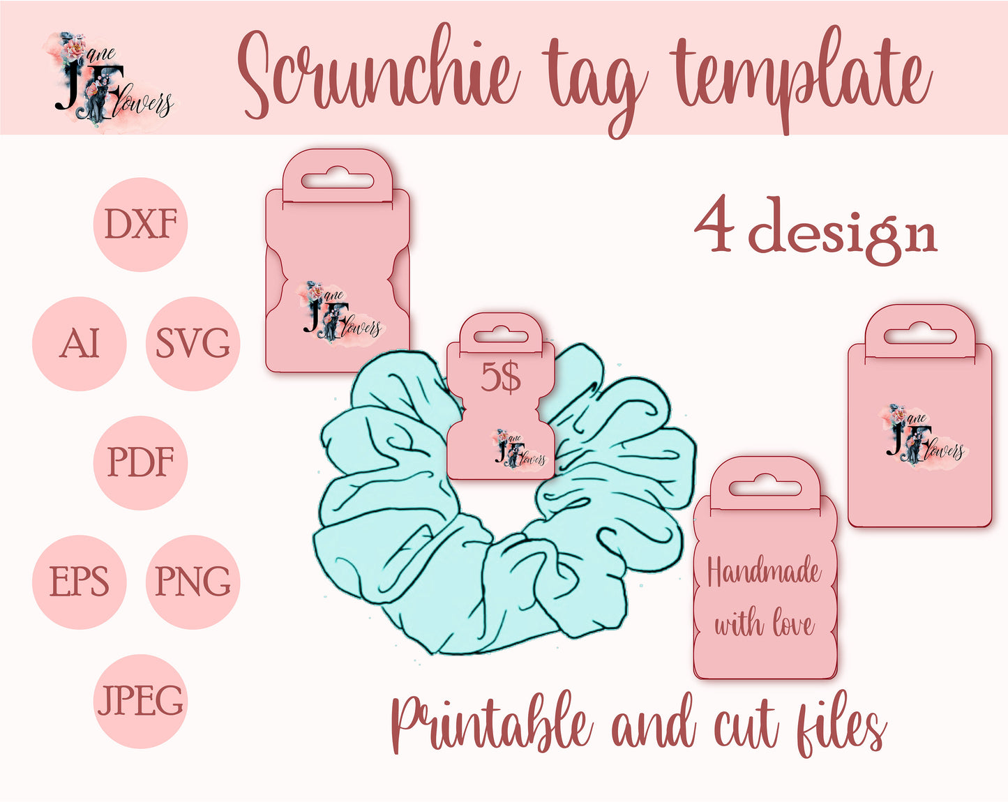 Scrunchie display card template, scrunchie tag SVG, headband holder, handmade packaging, ptintable price tag, hair tie holder, diy scrunchie