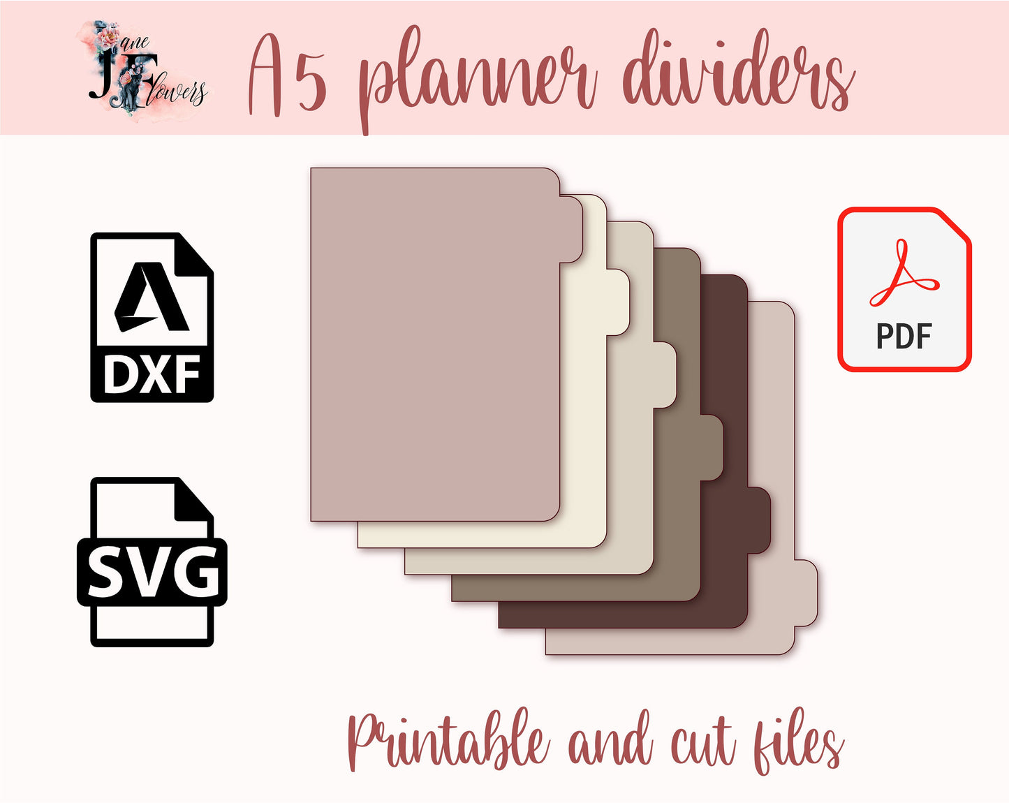 A5 tabbed planner divider pages, 6 binder divider template cut file for Cricut, printable tabs pattern SVG, PDF back to school projects