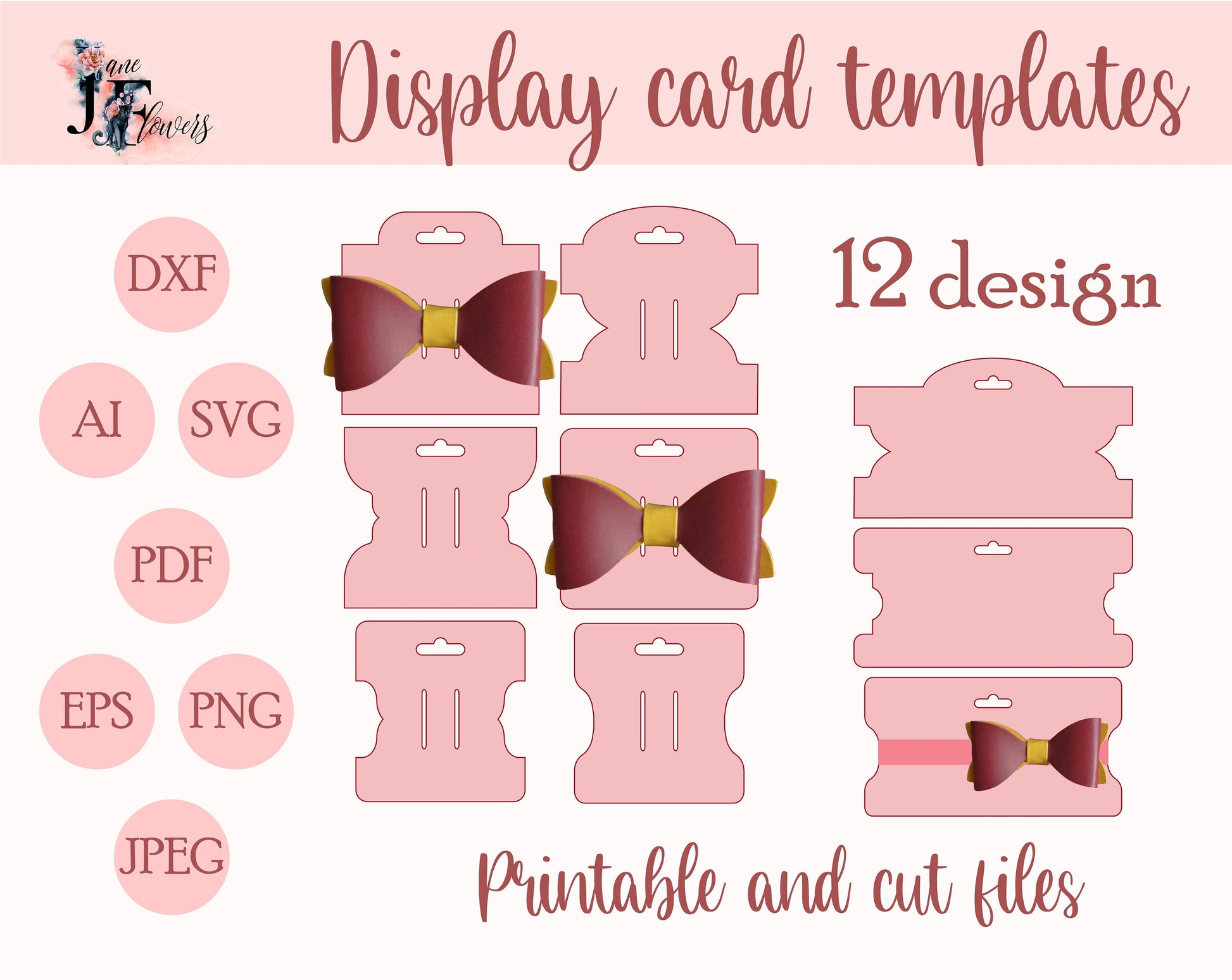 Cute hair bow display card templates SVG, DIY headband holder cut files, hair scrunchies tag pattern, handmade tie labels, hair clip tag DXF