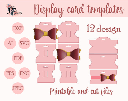 Cute hair bow display card templates SVG, DIY headband holder cut files, hair scrunchies tag pattern, handmade tie labels, hair clip tag DXF