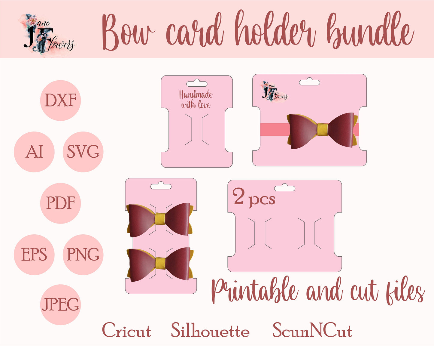 Editable bow card holder bundle, double bow card template, headband card svg, hair bow display pattern, hair clip card, cut file for cricut