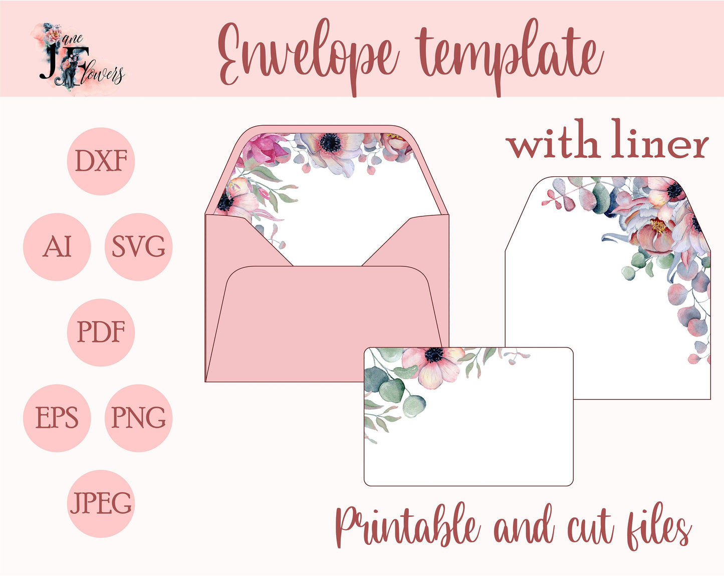 Printable envelope with liner and invitation card, cute wedding envelope liner template svg, A7 invitation card, envelope template cricut