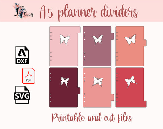 Spring A5 binder divider template cut file for Cricut, 6 tab planner divider pages, printable side tabs pattern SVG, PDF agenda accessories