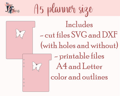 Spring A5 binder divider template cut file for Cricut, 6 tab planner divider pages, printable side tabs pattern SVG, PDF agenda accessories