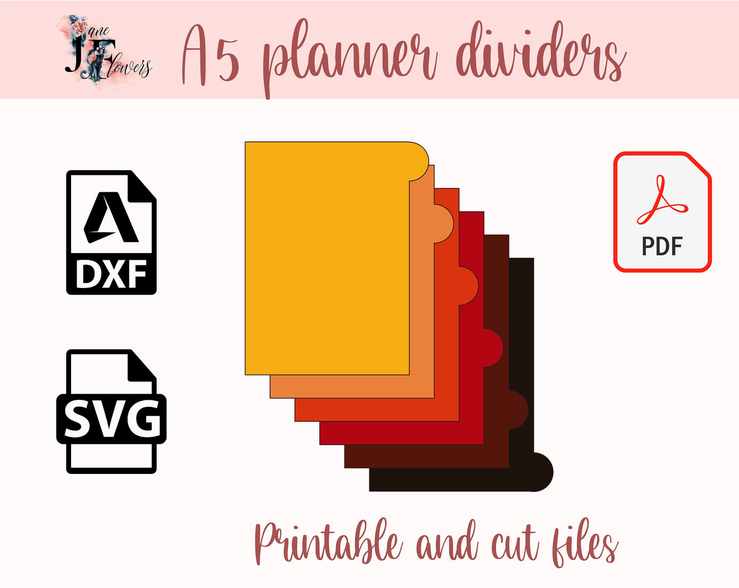 Autumn A5 planner divider pages, 6 binder rounded divider template cut file for Cricut, printable tabs pattern SVG, PDF with punch holes